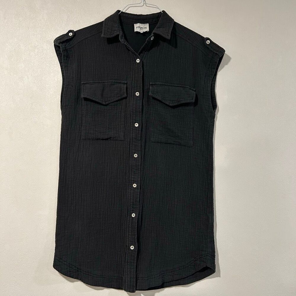 FRNCH Paris Women’s Small Black Sleeveless Button Down Top – Textured Gauze Shir